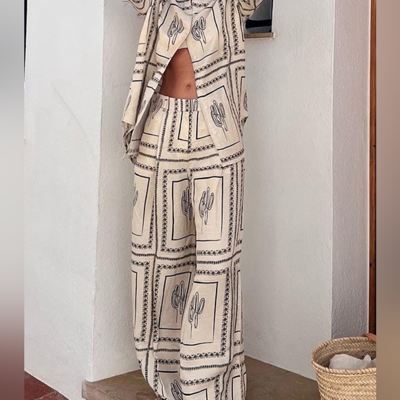 Shirts Two Piece Set Women Long Sleeve Lapel Shirts High Waist Wide Leg Pants - Picture 3 of 4